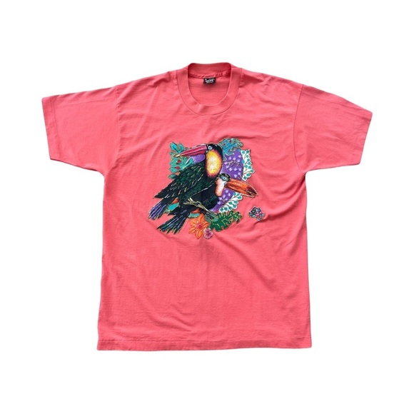 Vintage 80’s Artisan Toucan Birds Hand Painted Iron On T Shirt - Picture 1 of 14